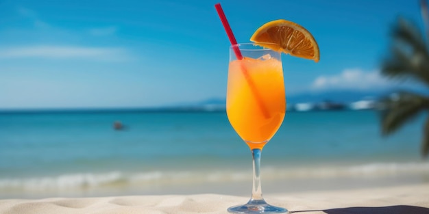 A glass of orange juice sits on a beach with the ocean in the background.
