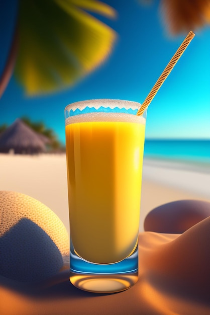 A glass of orange juice sits on a beach with a straw in it.