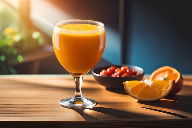 A glass of orange juice sits on a table next to a bowl of oranges.