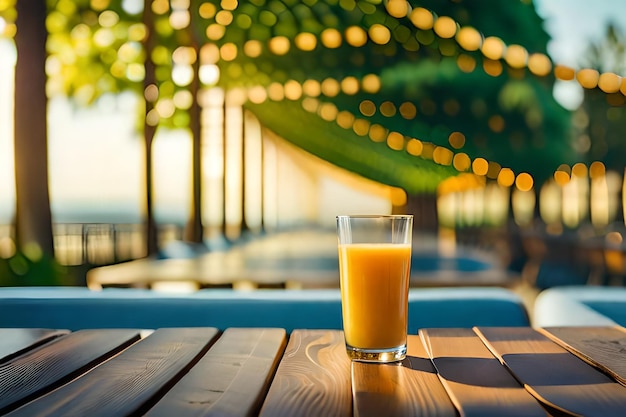 오렌지 주스 한 잔이 야자수 앞 테이블 위에 놓여 있습니다.