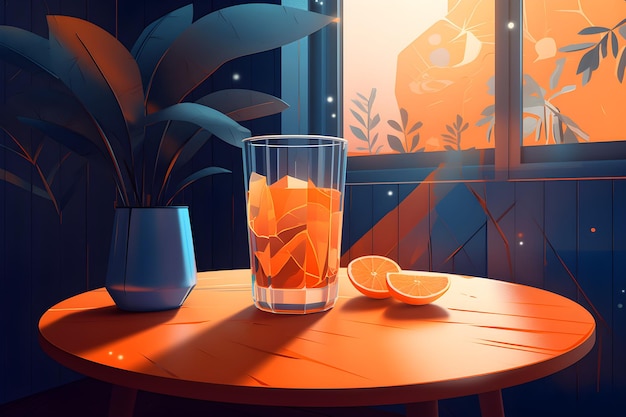 A glass of orange juice sits on a table in front of a window with a plant in the background