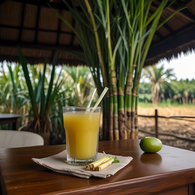 a glass of orange juice sits on a table next to a green apple