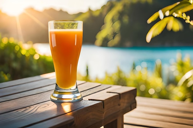 Photo a glass of orange juice sits on a table outside.