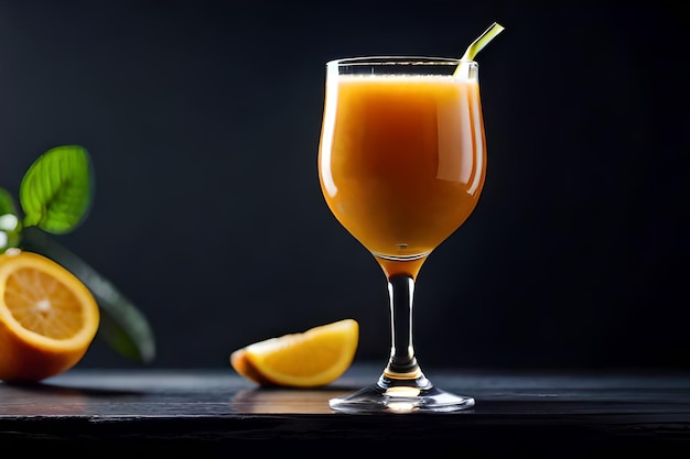 a glass of orange juice sits on a table with a lime wedge in the background.