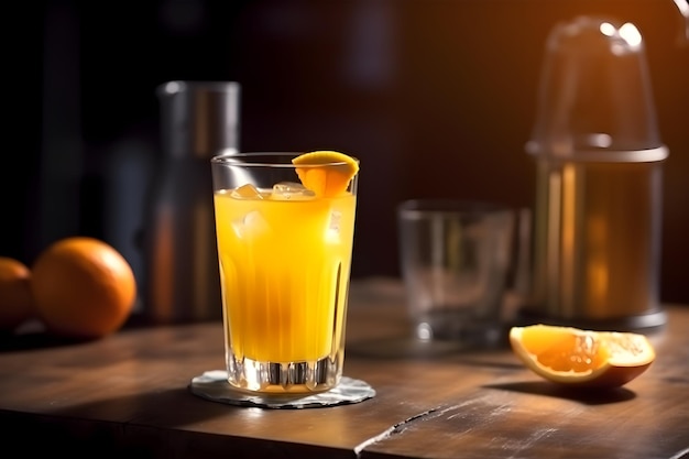 A glass of orange juice sits on a table with a silver pitcher and oranges on the table.