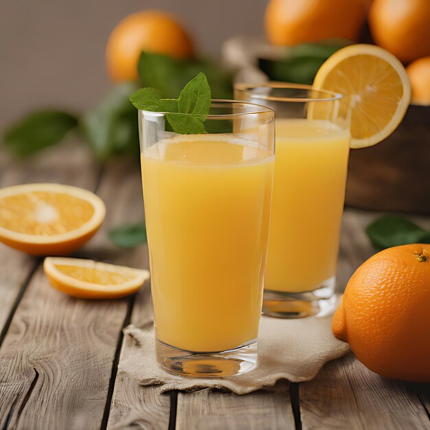 a glass of orange juice sits on a wooden table with oranges and a green leaf