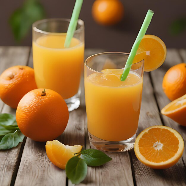 オレンジジュースのグラスがオレンジと緑の葉の木製のテーブルに座っている