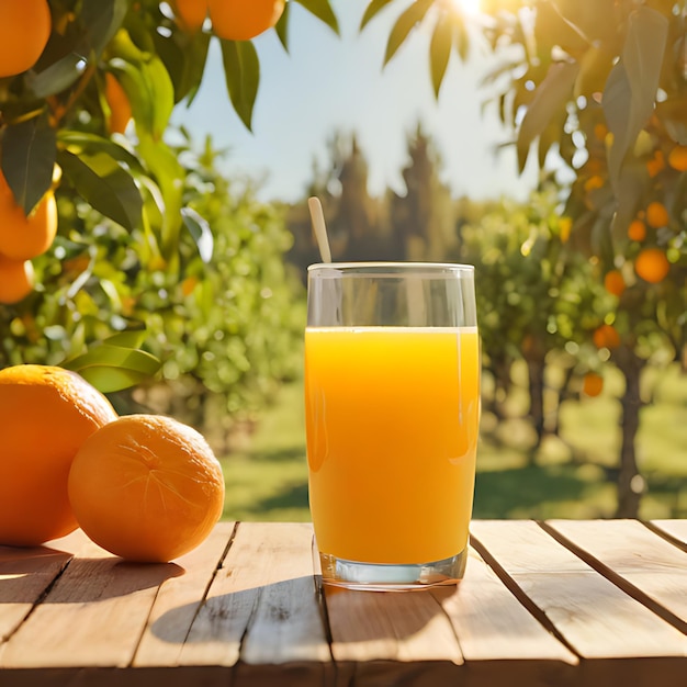 a glass of orange juice sits on a wooden table with oranges on it