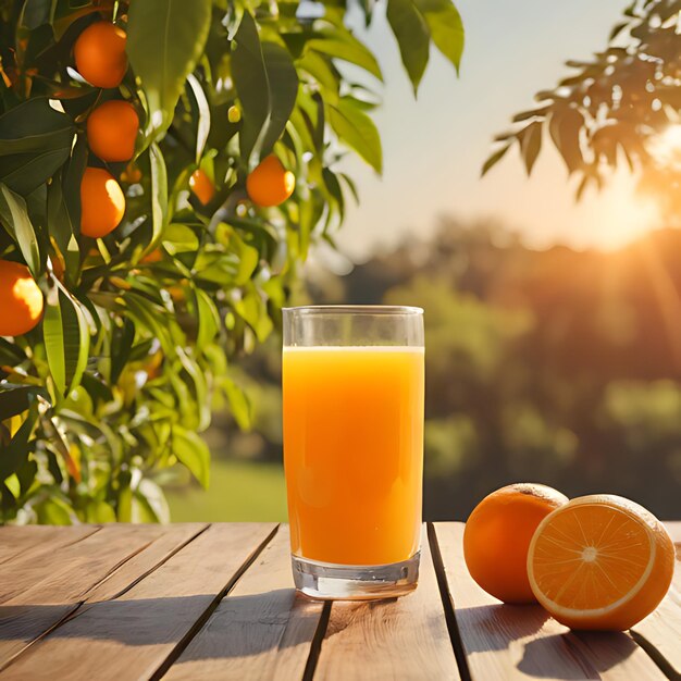 a glass of orange juice sits on a wooden table with oranges and a tree in the background