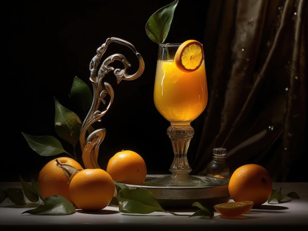 Glass of orange juice sliced orange Generative AI