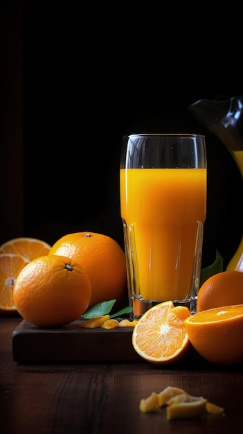 A glass of orange juice next to sliced oranges generative AI