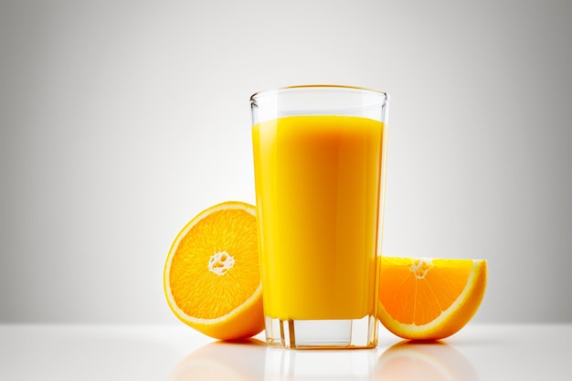 Glass of orange juice next to sliced oranges on white surface Generative AI