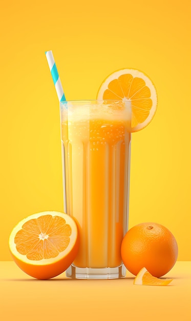 Glass of orange juice and slices of orange on orange background