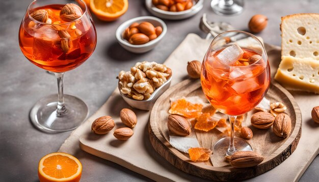 Photo a glass of orange juice and some almonds on a table