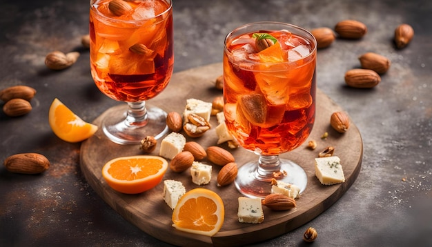 Photo a glass of orange juice and some nuts on a wooden tray