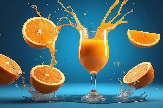 Glass of orange juice and splashes 3d render Orange cocktail and a splash of liquid
