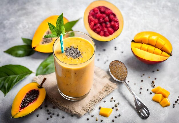 a glass of orange juice next to a spoon and some fruit