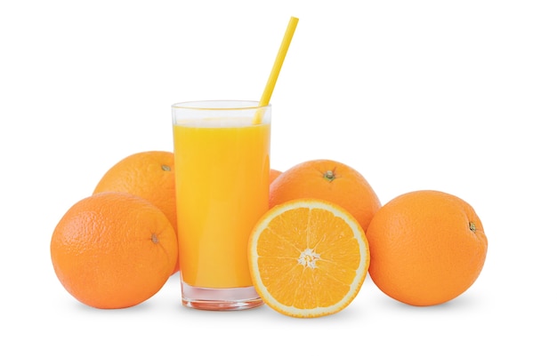 A glass of orange juice surrounded by oranges isolated on white surface