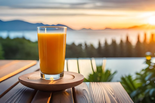 A glass of orange juice on a table with a sunset in the background
