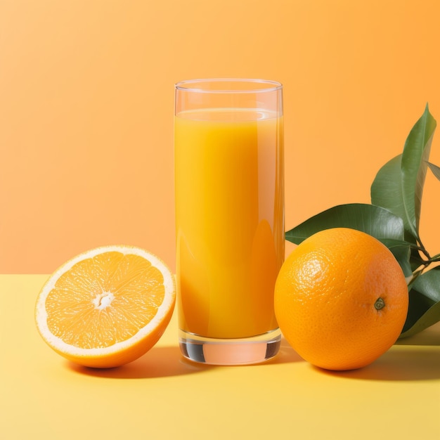 A glass of orange juice next to two oranges