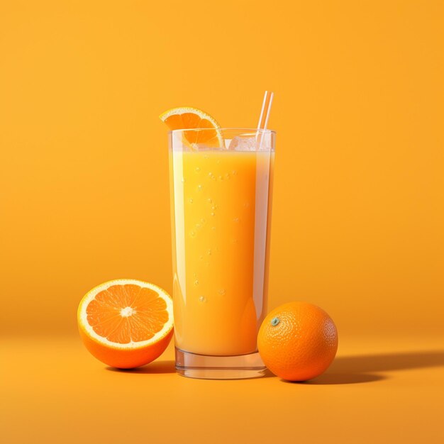 A glass of orange juice next to two oranges