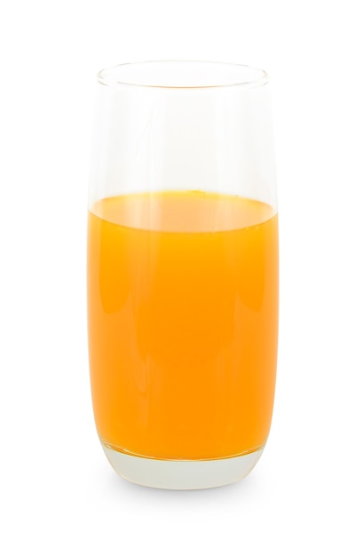 Glass of orange juice on white