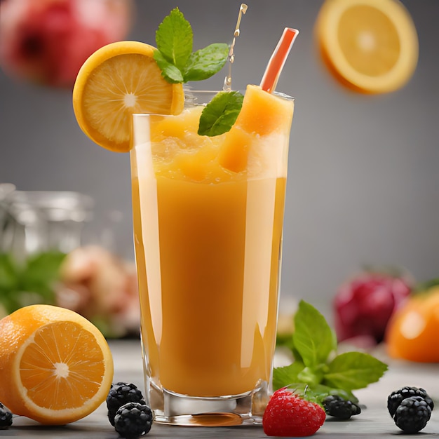 a glass of orange juice with berries and a straw