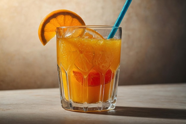 A glass of orange juice with a colorful straw