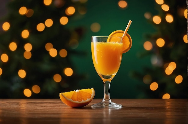 A glass of orange juice with a festive holiday ba