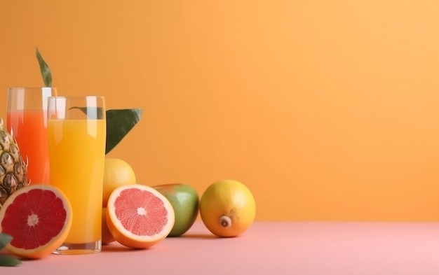 A glass of orange juice with a fruit in the background