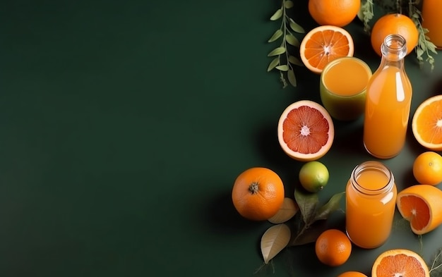 A glass of orange juice with grapefruit on a green background