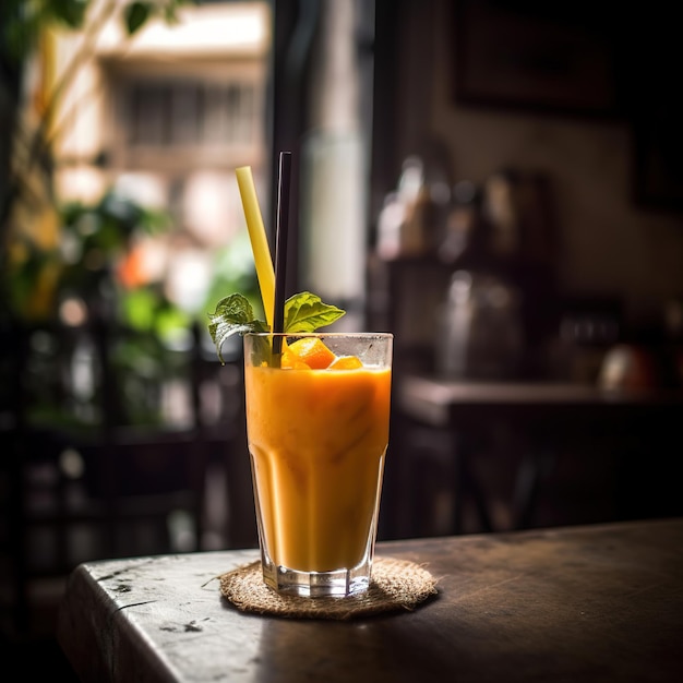 A glass of orange juice with a green leaf on it sits on a coaster.