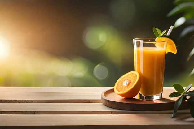 a glass of orange juice with a green leaf on the top.