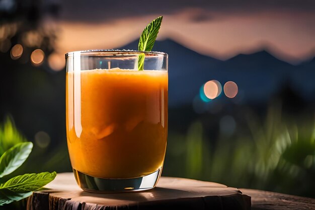 A glass of orange juice with a green leaf on the top