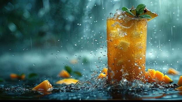 緑 の 葉 を 含む オレンジ ジュース の グラス