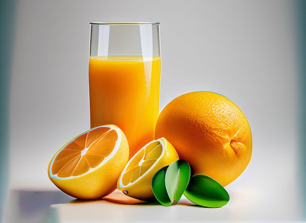 A glass of orange juice with green leaves next to it.