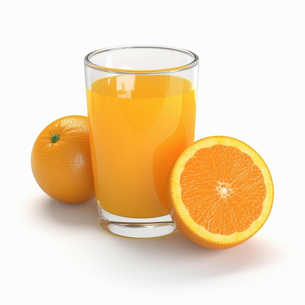 A glass of orange juice with a half of oranges on it