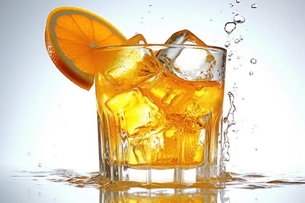 Glass of orange juice with ice cube splash professional advertising food photography