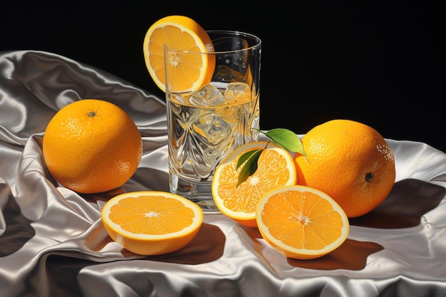사틴 천에 얼음 큐브와 함께 오렌지 주스 한 잔