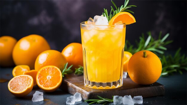 A glass of orange juice with ice and ice on a wooden board.