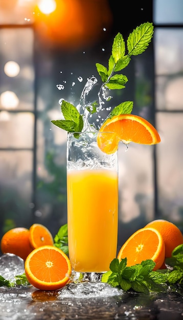 Glass of orange juice with ice splashing water levitating mint leaves and oranges