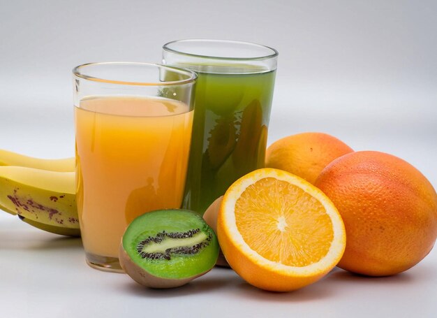 A glass of orange juice with kiwi on it