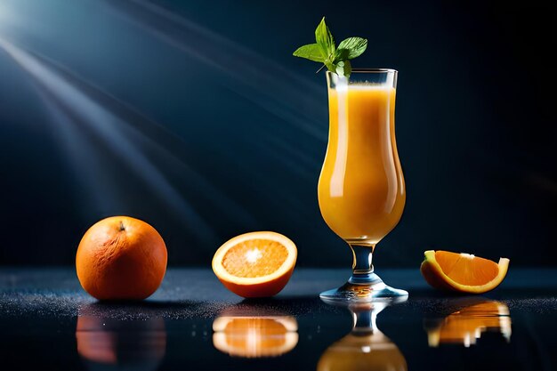 Стакан апельсинового сока с листом на дне и букетом апельсинов справа