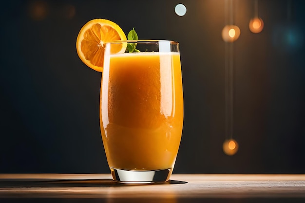 A glass of orange juice with a leaf on the top