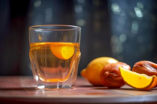 A glass of orange juice with a lemon on the side