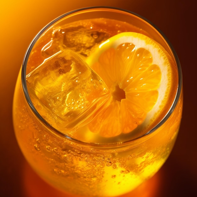 オレンジジュースのグラスの上にレモンのスライスが載っています。