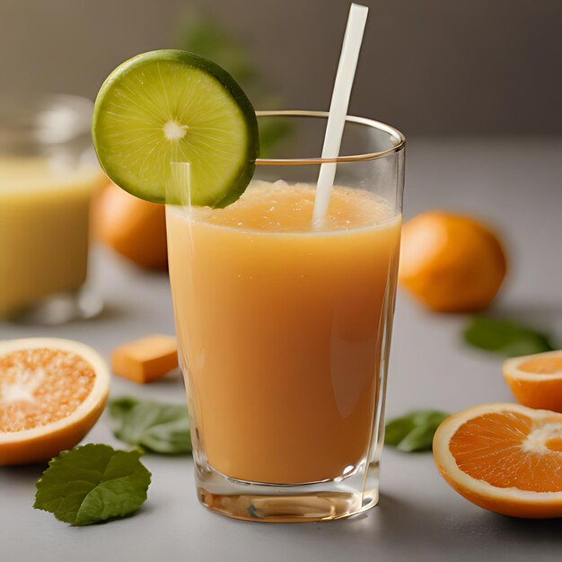 Foto un bicchiere di succo d'arancia con un cuneo di limone