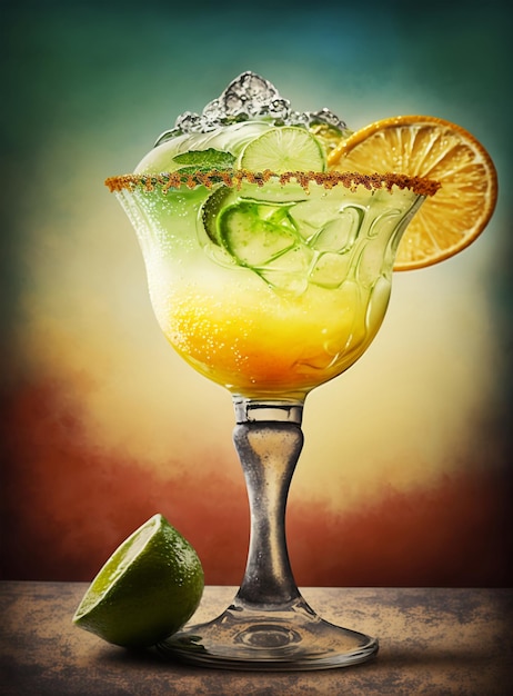 A glass of orange juice with a lime wedge on the rim.