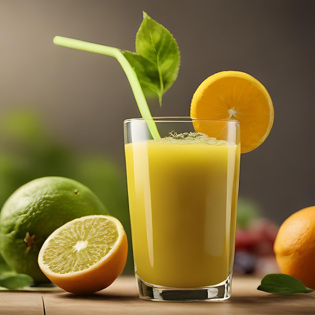 Photo a glass of orange juice with limes and limes on a table