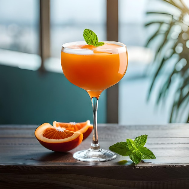 A glass of orange juice with a mint leaf next to it.